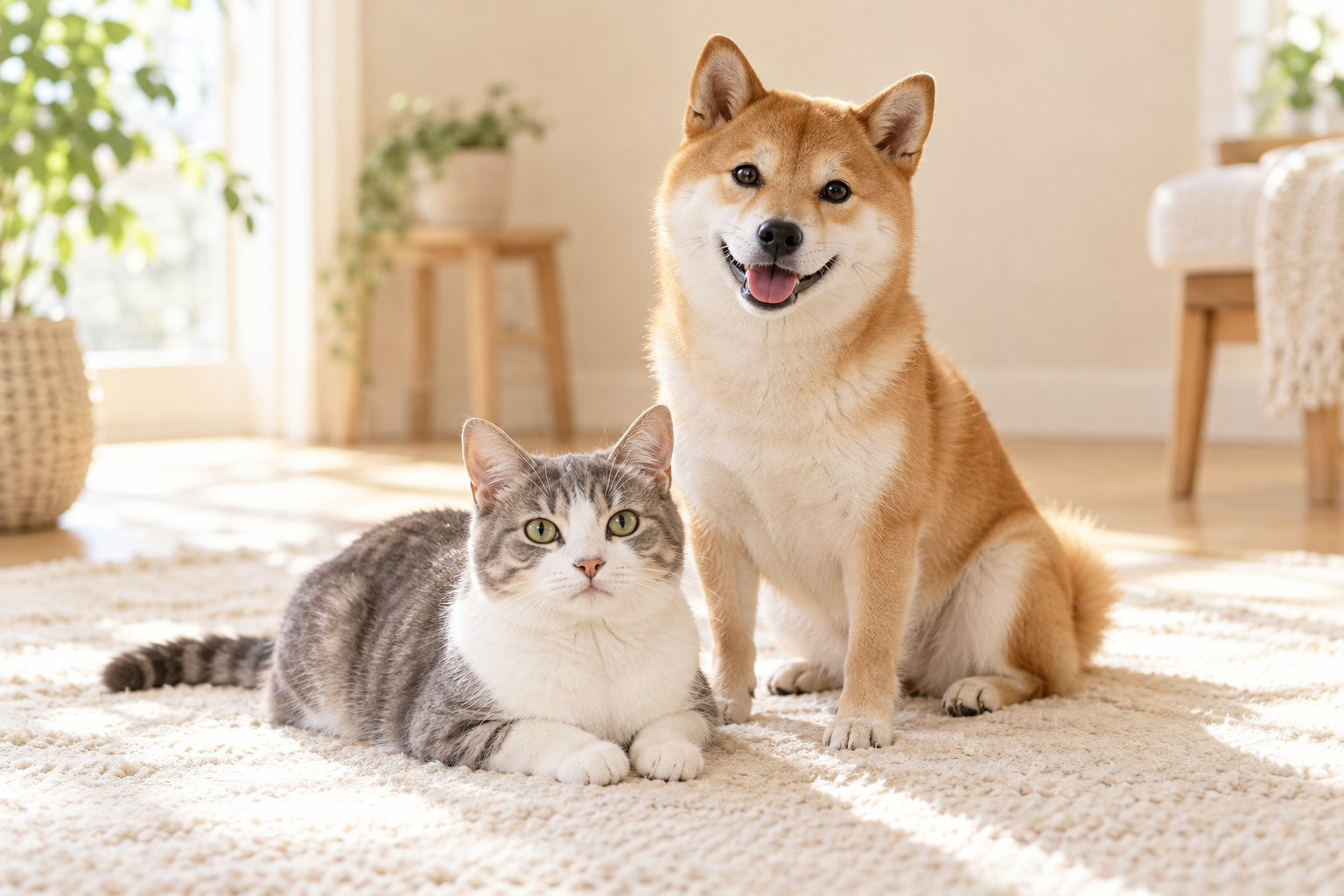 穏やかに寄り添う柴犬と猫のイメージ写真